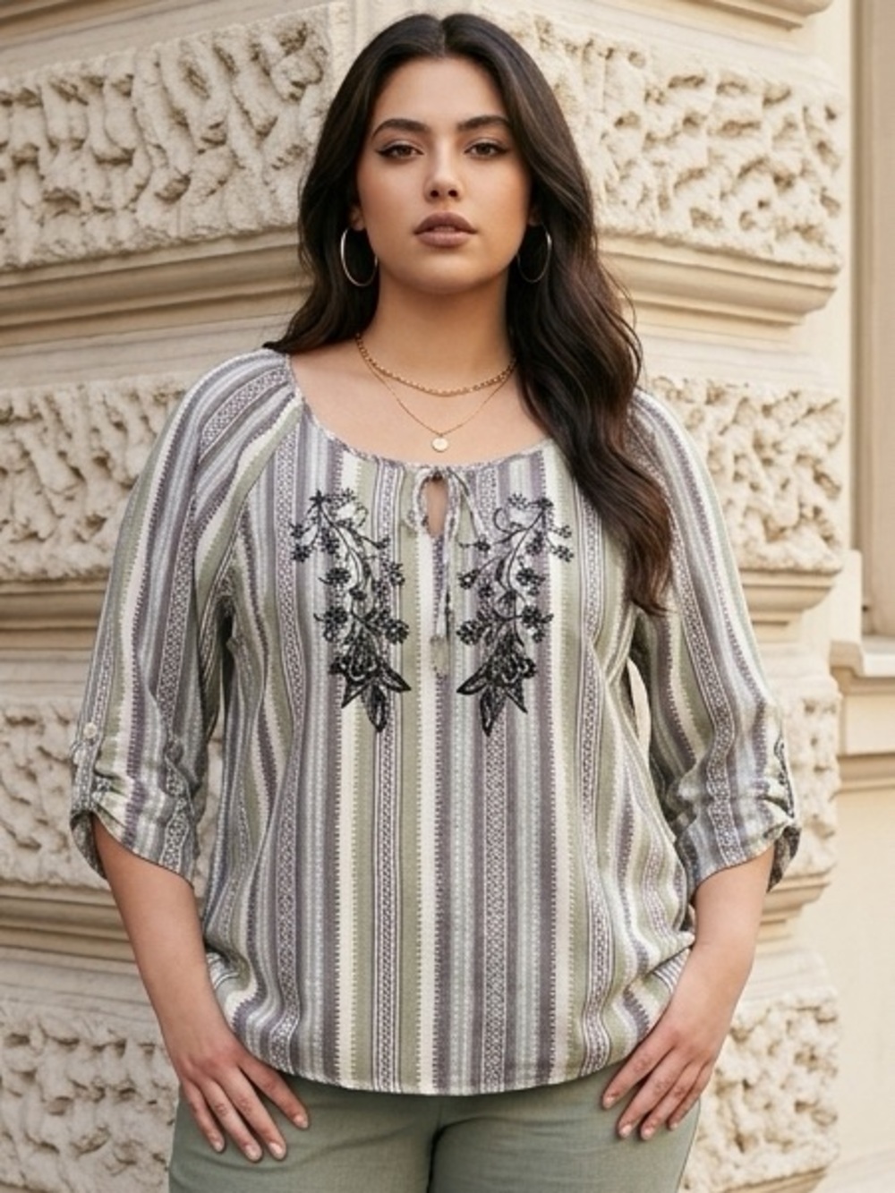 Catherines Multicolor Striped Woven Cotton Scoop Neck Tie Blouse 2X Plus